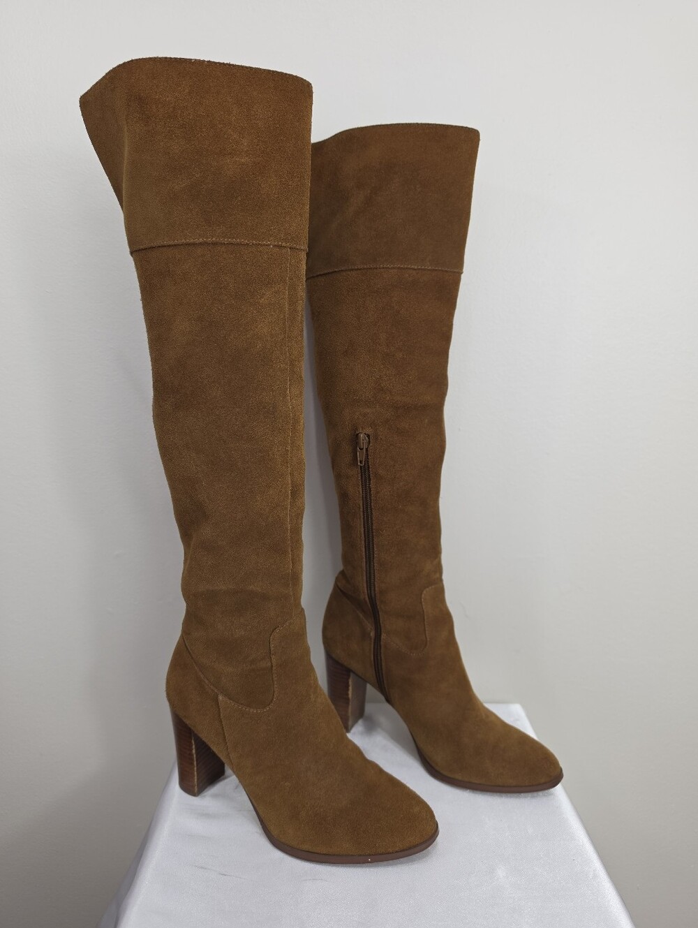 Tall Suede Knee-High Boots in Brown